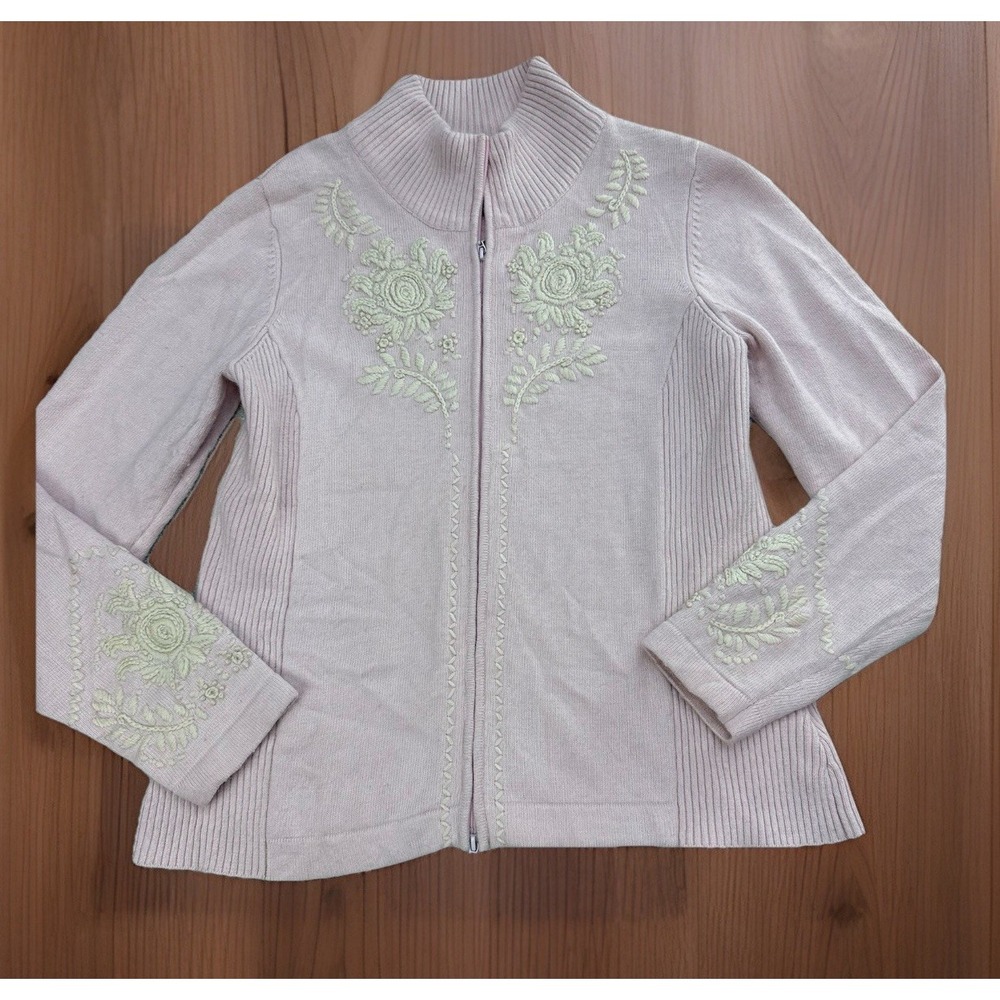 Icelandic design Angora‎ blend Full Zip Sweater Size M Pink embroidered floral